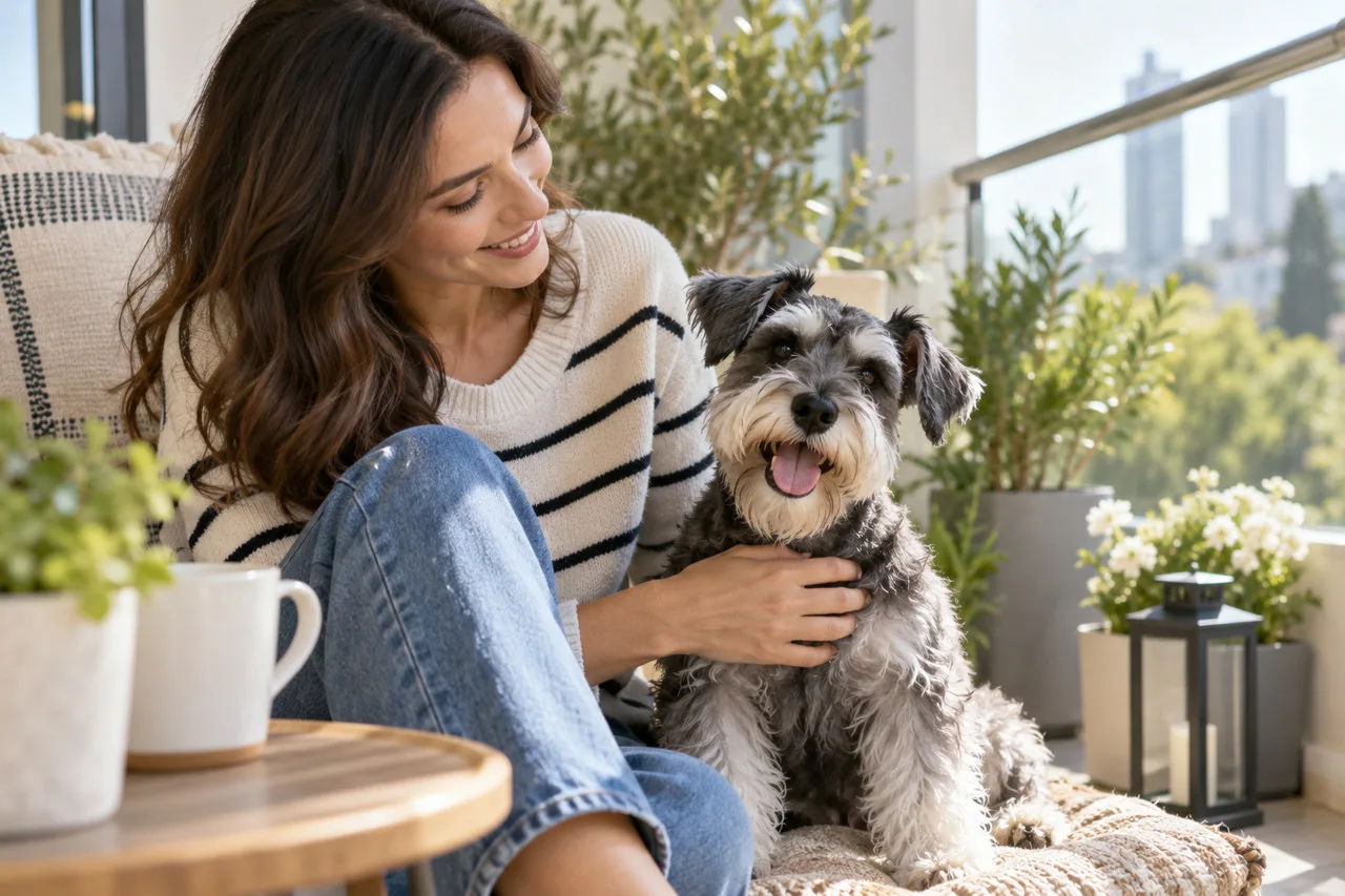 Owner relaxing on a balcony beside a dog